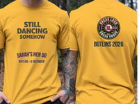 Personalised Bugged Out Big Weekender Tee — yellow tee, front and back view