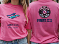 Personalised Don't Tell Mama Big Weekender Tee — azalea tee, front and back view