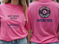 Personalised We Love Ibiza Big Weekender Tee — azalea tee, front and back view