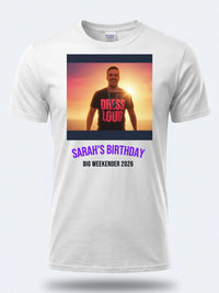Sunset Set Tee — We Love Ibiza Weekender Custom Photo T-Shirt — white tee, front view