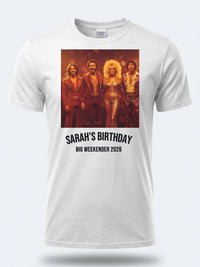 Vinyl Cover Tee — We Love the 70s Weekender Custom Photo T-Shirt — white tee, front view