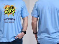 Personalised 90s Tee — carolina blue tee, front and back view