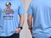 Personalised House of Garage Tee — carolina blue tee, front and back view