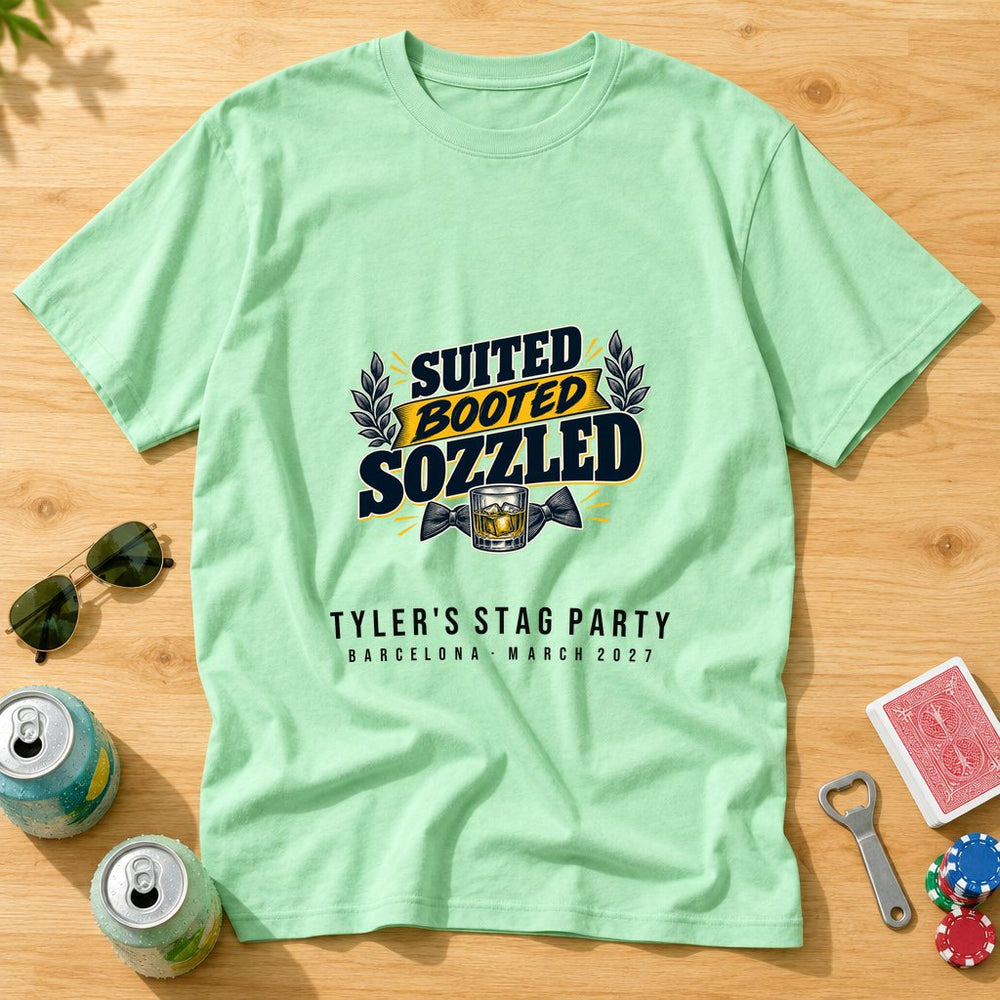 Suited, Booted, Sozzled — Personalised Stag Do T-Shirt