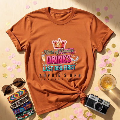 Drinks Last Bed First Personalized Bachelorette T-Shirt