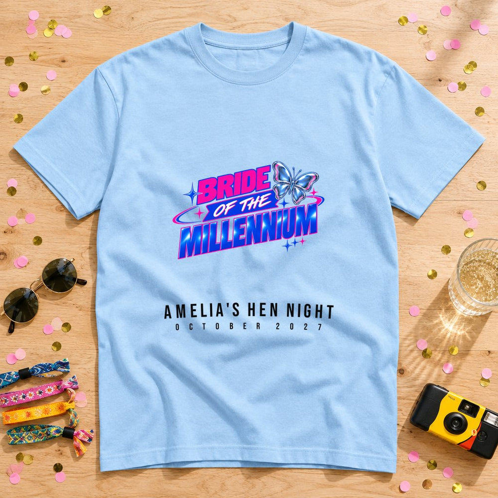 Bride of the Millennium — Chrome Butterfly — Personalised Hen Do T-Shirt